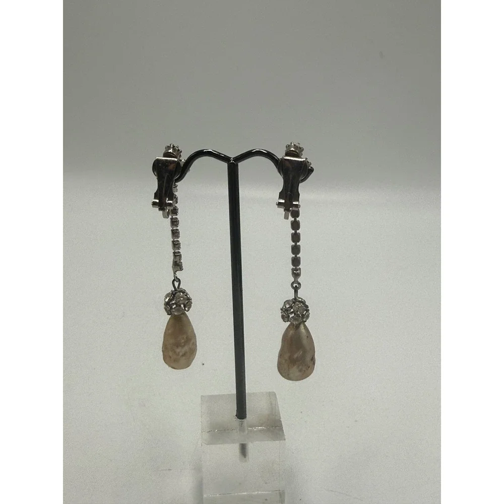 Vintage Rhinestone Faux Pearl Teardrop Drop Earrings Silver Tone Clip On Bridal